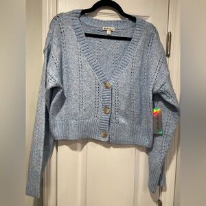 NWT Derek Heart Size L Oversized Cropped V Neck Pointelle Cardigan Light Blue